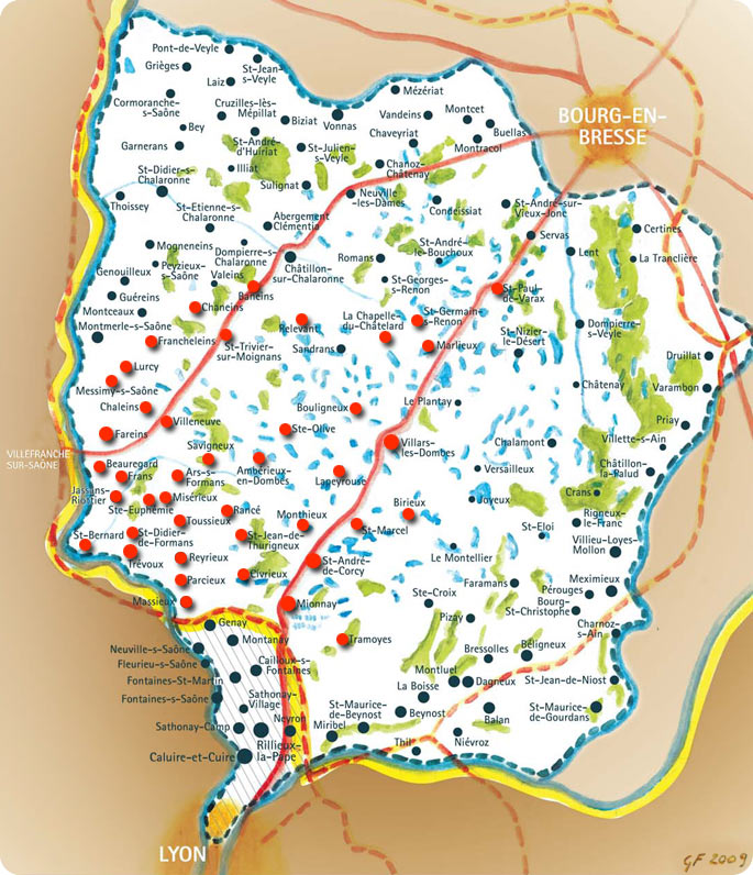 les 42 communes en Dombes couvertes par Serv'Emploi Dombes Saône